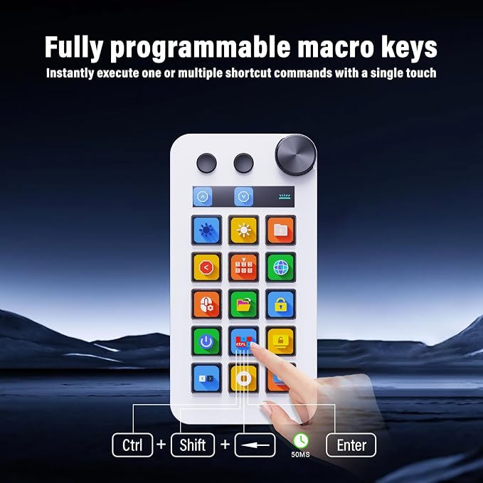 Streaming Deck,Macro pad/Calculator/Numeric Keypad Three Modes | 15 Customizable Macro Keys and LCD Bar,Large Dial,Work Efficiency Device,Compatible with Windows and Mac(N1 White)