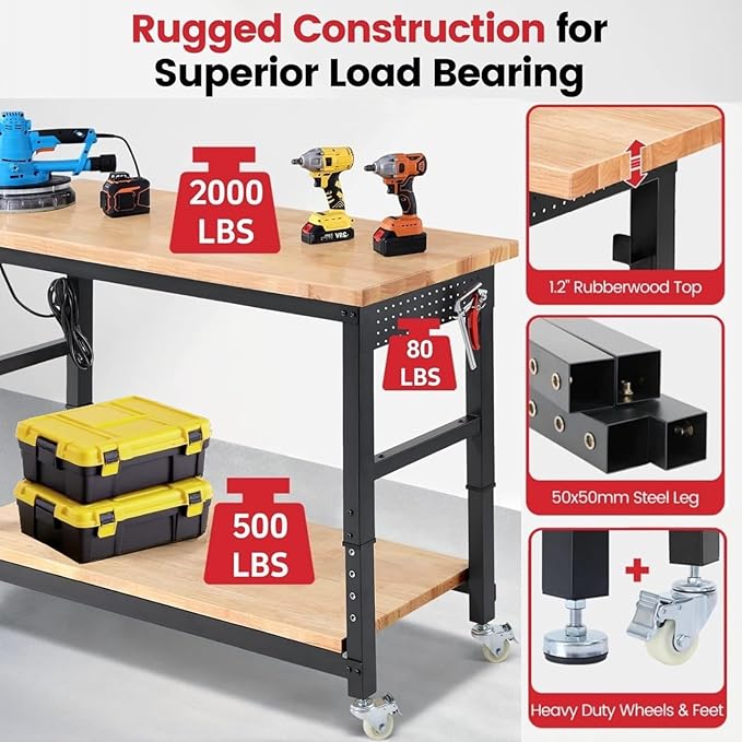 ENJOYWOOD 60" x 22" Heavy Duty Workbench with Wheels, Adjustable Height Garage Work Table with Solid Rubberwood Top, Double Layer Shelf, Sided Pegboard & Power Outlets for Home & Workshop