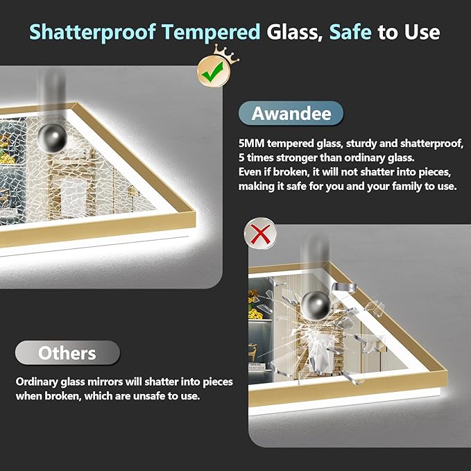 88x38 Gold Beveled LED Bathroom Mirror with Lights, Brushed Gold Framed Backlit and Front Lit Anti-Fog Lighted Vanity Mirrors for Bathroom Wall, Dimmable, 3 Colors, Memory, HD Tempered Glass