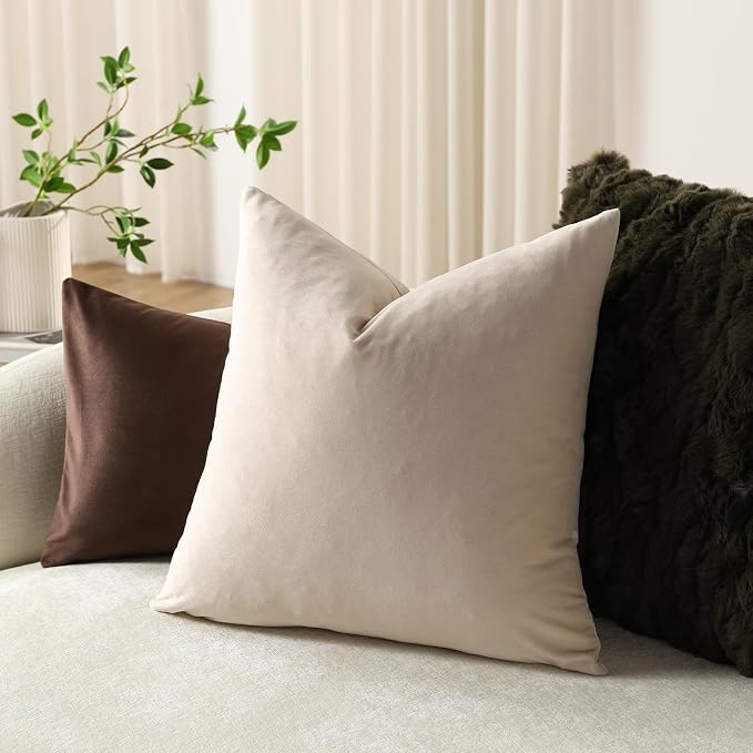 Euro Sham Covers 26x26 Beige: Pack of 2 Cozy Soft Velvet Square Modern Luxury Decorative Throw Pillow Cases for Sofa Couch Living Room Bed Home Decor