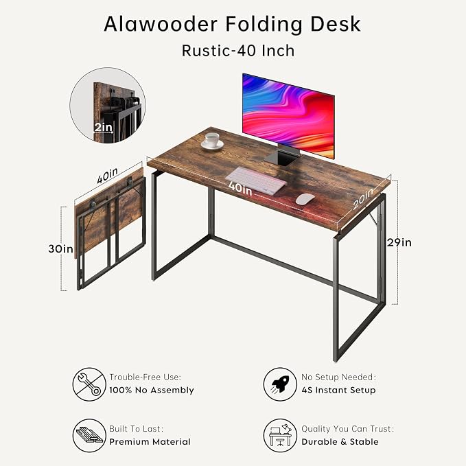 alawooder 39.4" Folding Desk: No Assembly, Wood Top for Small Spaces | 39.4 in dual-monitor workspace, holds 150 lbs, folds flat to 2.3 in, splash-proof top, home office or gaming