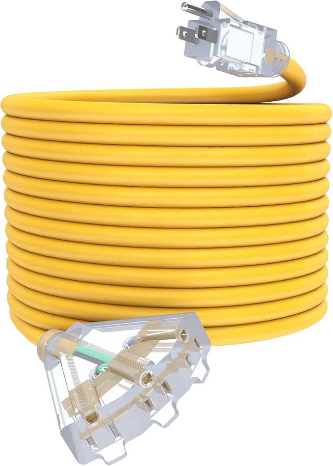 50Ft 12/3 Outdoor Extension Cord with 3-Outlets, Heavy Duty 12 Gauge 3 Prong Extension Cord Waterproof with Lighted end, 15A 12AWG 1875W SJTW, ETL Listed - Great for Garage, Garden and Home, Yellow