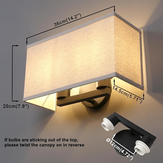 Yosoan Linen Boho Wall Sconce Stairwell Fixture Light, 2-Light Indoor Hardwired Vanity Dual Vintage Industrial Bedside Sconce Wall Mount Lighting Square Fabric Shade for Hallway Kitchen Living Room