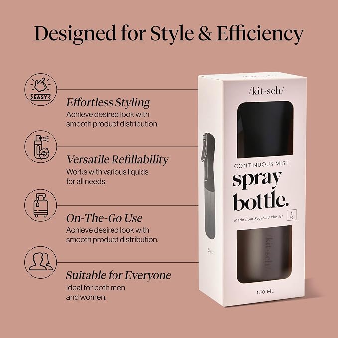 Kitsch Continuous Spray Bottle for Hair – Black, 150ml | Fine Mister Spray Bottle & Water Spray Bottle – Recycled Hair Spray Bottle – Spray Bottles for Cleaning, Styling, & More