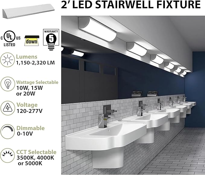 WareLight LED Stairwell & Corridor Light – 2320 Lumen Max, Wattage & CCT Selectable, 2-Foot Wall Mount Lighting Fixture for Commercial & Residential Use, 120-277V, White, Pack of 6