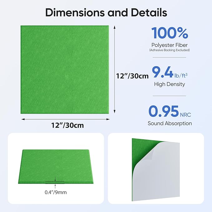 12 Pack 12" X 12" X 0.4" Acoustic Panels for Wall Sound Absorbing, Square Self-Adhesive Sound Panel, High Density Suitable for Multiple Scenarios(Lush Green)
