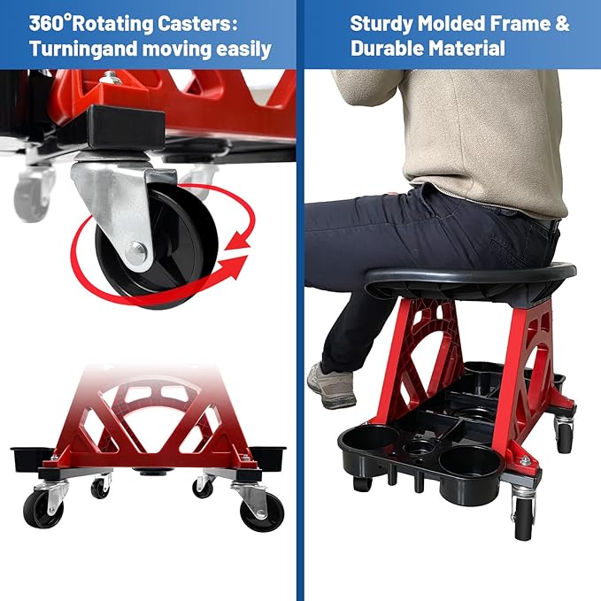 HOXWELL Durable Mechanic Seat with Wheels - Heavy Duty Rolling Stool Car Detailing Creeper Seat with Tool Tray for Workshop, Auto Repair Shop and Home