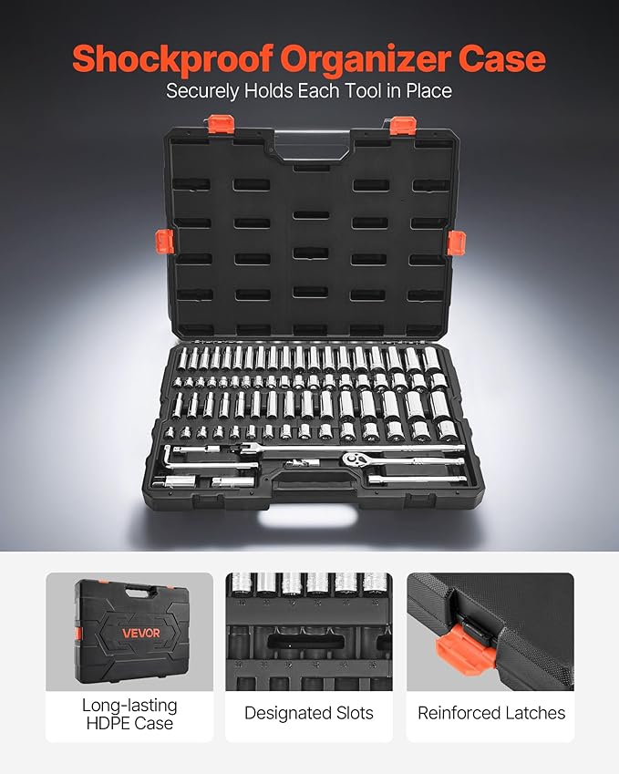 VEVOR Socket Set, 76 Pieces, 3/8 inch Drive Socket and Ratchet Set, SAE and Metric, Deep and Shallow, Mechanic Tool Kit with Accessories and Storage Case, CR-V Alloy Steel, for Automotive Repair