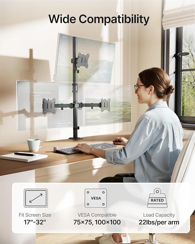 monTEK Triple Monitor Stand for 17-32" Screens, 22 lbs Each | Three-screen desk mount, height adjustment, tilt, swivel, rotation, clamp/grommet bases and VESA 75/100