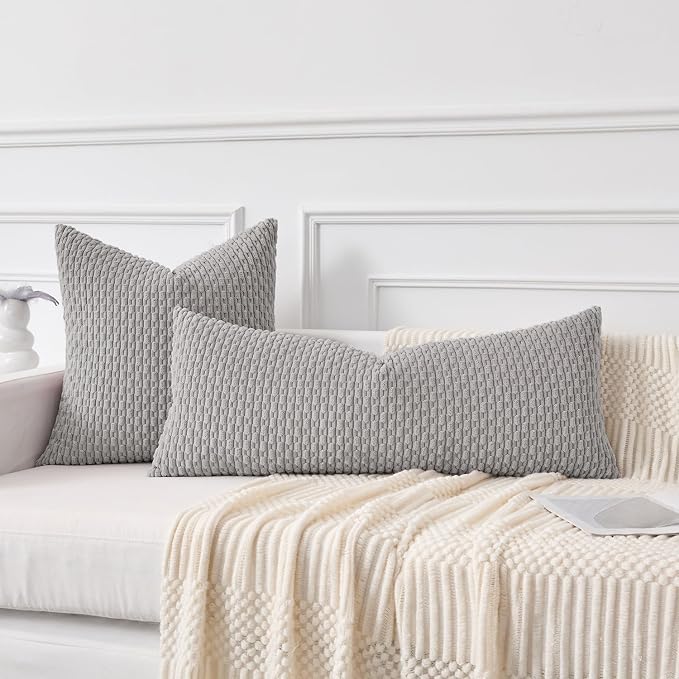 Kevin Textile Soft Corduroy 20"x54" Body Pillow Cover 1 Pack, Light Grey | Boho Stripe Plush Corduroy Decorative Oblong Cushion Cover Modern Farmhouse Home Decor for Sofa Couch Bed Chair