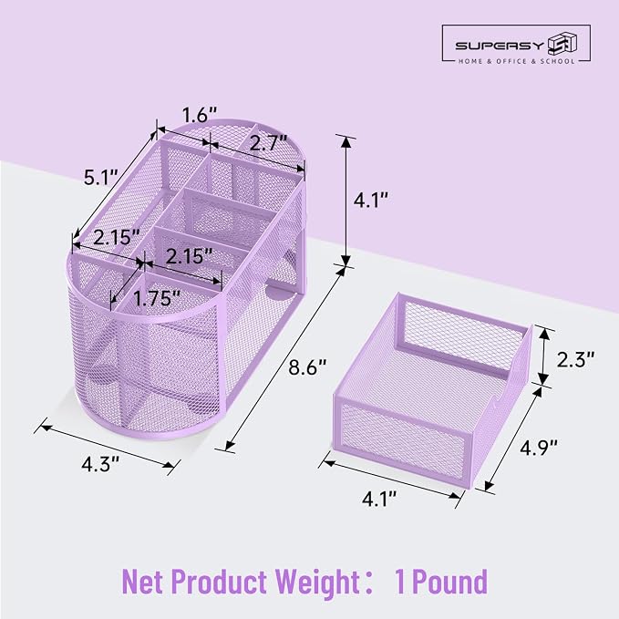 Mesh Desk Organizer with Drawer, 9-Compartment Pen Holder for Desk, Purple | Pull-Out Drawer Stores Pens, Pencils, Clips, Notes, and Small Office or School Supplies in One Compact Desk Caddy