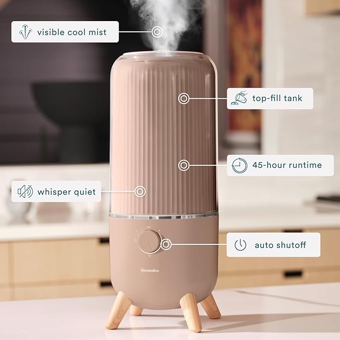 Homedics Ultrasonic Humidifier, Bedrooms and Home Offices, 0.97-Gallon Tank, 45-Hour Runtime, Visible Ultra-Quiet Cool Mist, Aromatherapy, Demineralization Cartridge, Night-Light, Auto-Off, Taupe