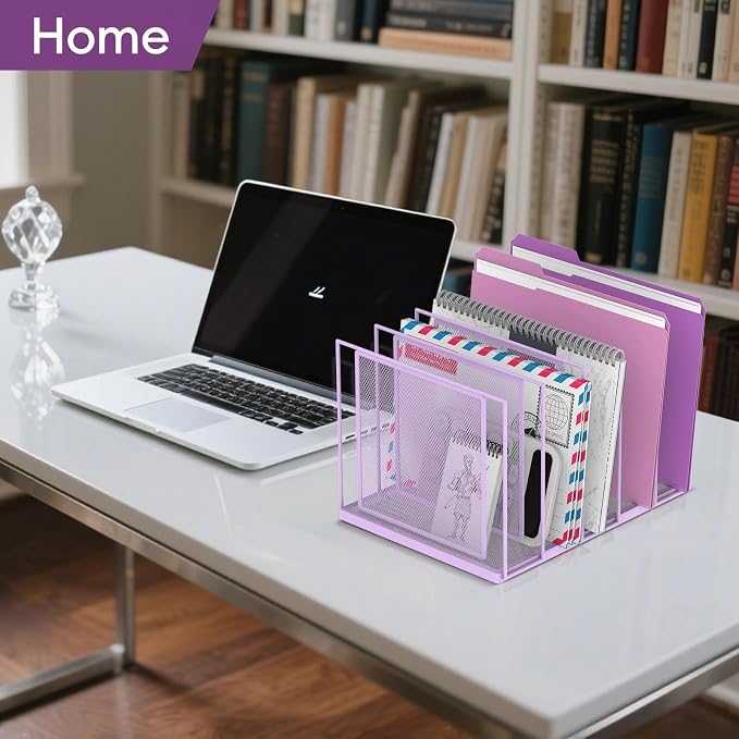 File Organizer for Desk, 5-Section Vertical File Sorter, Paper Holder Organizer Standing Metal File Folder for Office Home Classroom, Purple