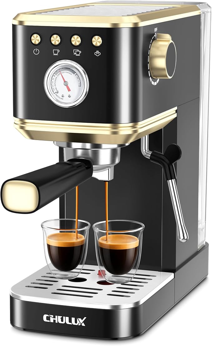 CHULUX Slim Espresso Machine with Milk Frother for Home Latte, Black & Gold | Precise Pressure Gauge, Food-Grade Materials, 20 Bar Italian Pump, Professional Temperature Control System, Stainless Steel