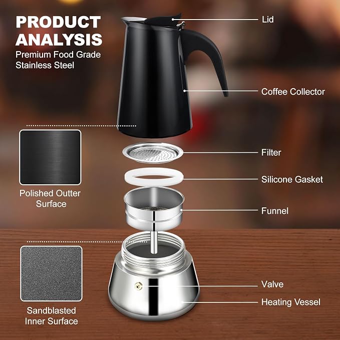 6 Cup Stovetop Espresso Maker Stainless Steel Moka Pot Stove Top Percolator Italian Coffee Makers Capable Mocha Greca Machine Cafe Classic Induction Cookers for Home and Camping 300ml 10oz