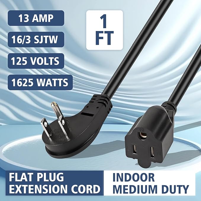 1875W Short Extension Cord,15A 16AWG Low Profile Flat Plug Heavy Duty Extension Cord Outlet Saver 3-Prong Grounded Power Cable (Black1 Feet)