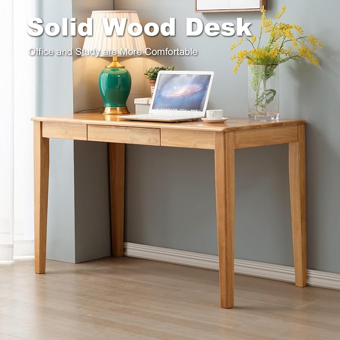 Solid Wood Desk with Drawer, Wooden Home Office Desk for Work, Student Computer Desk for Small Spaces, Gaming Study PC Desk for Bedroom, Easy to Assemble (Teak Color 39 inch)
