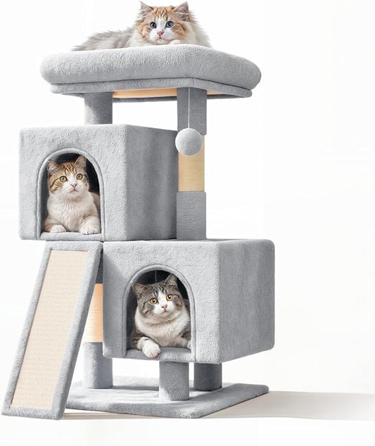 34'' Small Cat Tree with 2 Condos, Sisal Scratching Posts & Board, Multi-Level Climbing Tower for Indoor Cats, Sturdy Light Grey Cat Activity Center - Light Gray