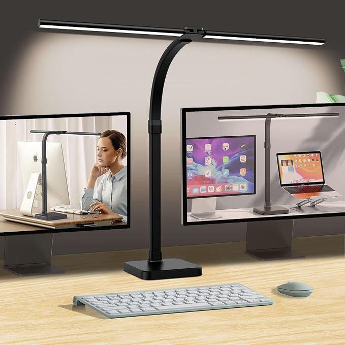 AKRRYR LED Desk Lamp for Home Office, Double Head 24W with Base, Architect Light 5 Lighting Brightness Flexible Gooseneck Table Reading Study, Black