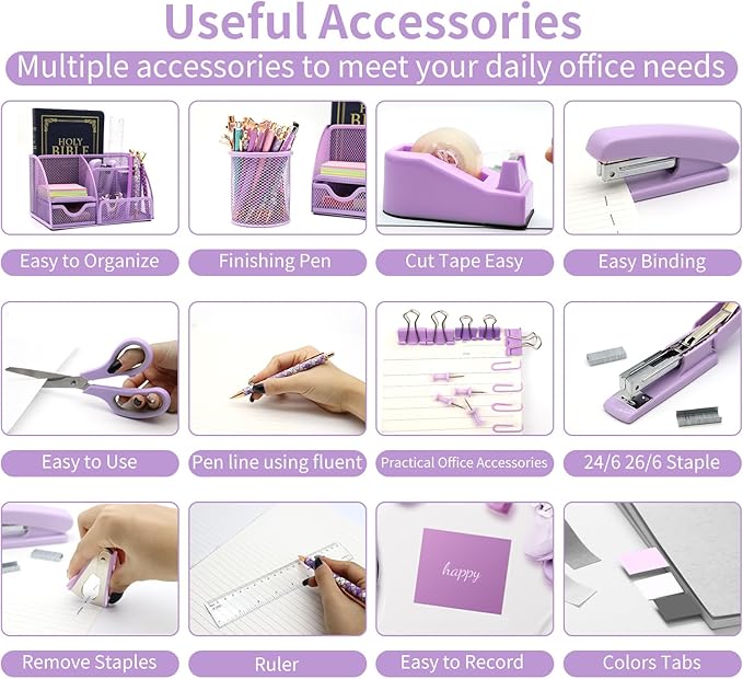 Purple Desk Organizers and Accessories,12pcs Office Desk Accessories Supplies,With Pen Holder, Tape Holder, Stapler, Scissors, Ruler, Staple Remover for Home & School, Office Supplies Gift for Women