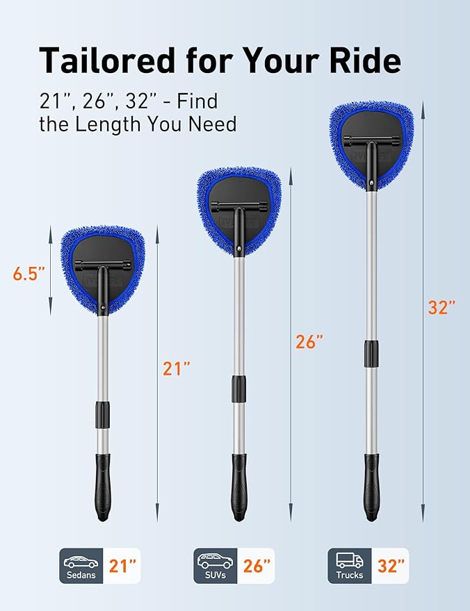 AstroAI 21" Extra-Long Windshield Cleaner Tool, Car Interior Detailing Cleaning Kit with Extendable Handle and 4 Upgraded Reusable Microfiber Pads, Auto Glass Wiper Brush Kit for Cars, Blue