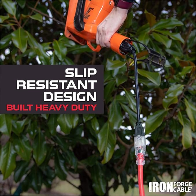 Iron Forge Cable Lighted Outdoor Extension Cord 25 ft - 14 Gauge 15 Amp Heavy Duty Power Extension Cords - SJTW - Great for Major Appliances, Power Tools, Garden Supplies - Red