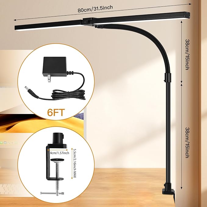 LED Desk Lamp with Clamp, Dual Head Monitor Light, Remote | 24W Dimmable Eye-Caring Task Lamp with Timer, Anti-Glare Cover and Gooseneck for Home Office Dorm, Workbench and Study