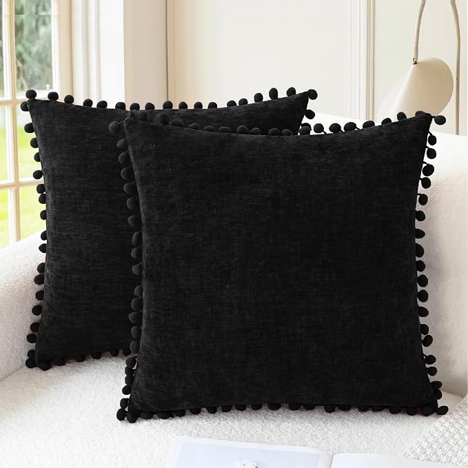 CaliTime Decorative Couch Throw Pillow Covers 20 X 20 Inches Black | Pack of 2, Cozy Chenille Cushion Cases, with Pom Poms for Sofa Bed Living Room Farmhouse Home