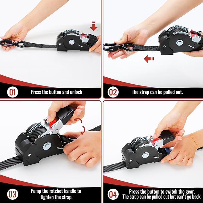 TLGREEN Retractable Ratchet Straps,Black,4 Pack,1” x 10’1650lb Break Strength Heavy Duty Auto Self Retracting Tie Down Straps for Truck, Cargo, Motorcycle, ATV, UTV,Boat