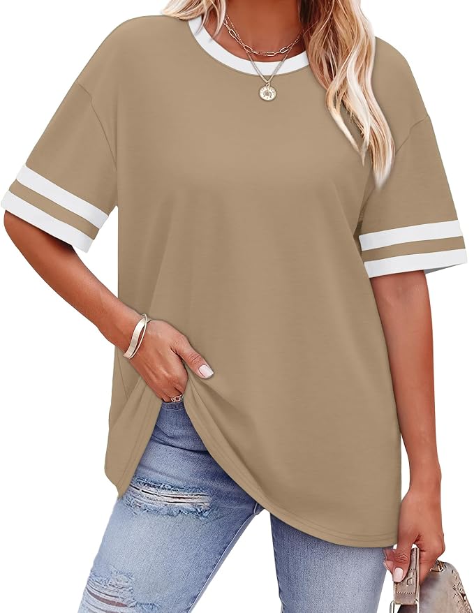 WIHOLL Womens T Shirts Loose Fit Short Sleeve Tees Crew Neck Color Block Summer Tops 2026 Fashion