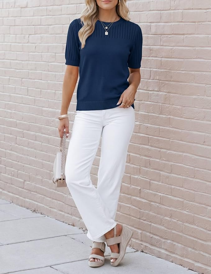Zeagoo Women's Short Sleeve Sweater Tops 2026 Spring Summer Crew Neck Hollow Out Blouses Dressy Business Casual Outfits