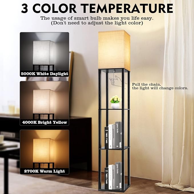 RUNTOP Floor Lamp with Shelves, Shelf Lamp with 3 Color Temperature LED Bulb,Floor-Lamp for Living Room, Modern Tall Standing Display Shelf Floor Lamps for Bedroom, Office (Black)