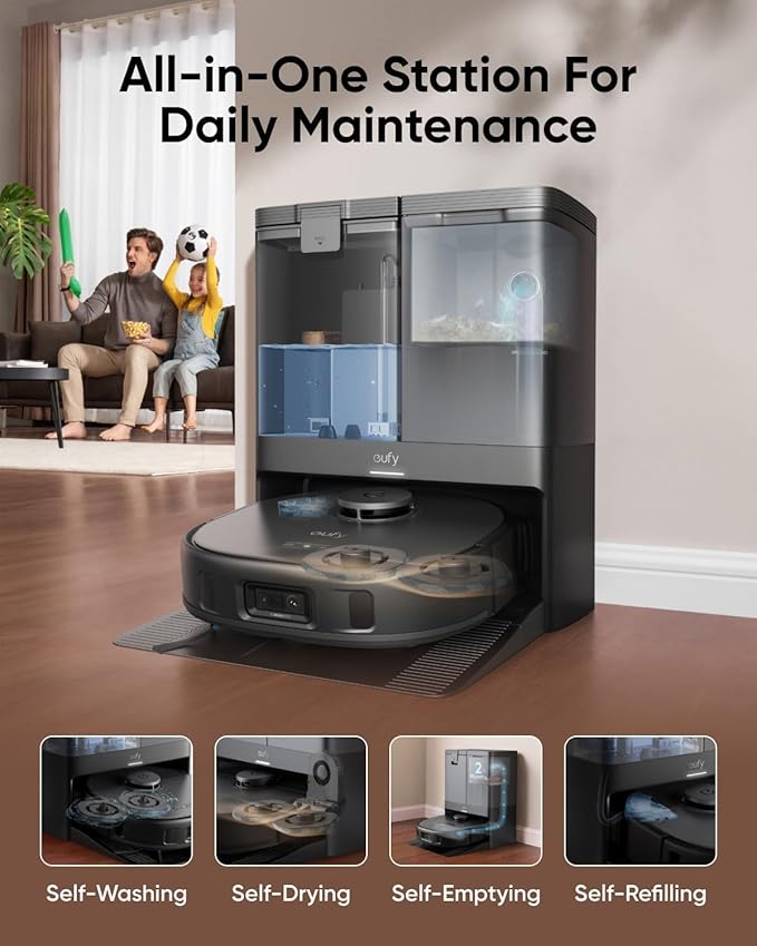 eufy X10 Pro Omni Robot Vacuum and Mop Combo,Dual Mops with 12 mm Auto-Lift | 8,000 Pa Suction, Carpet Detection, AI Obstacle Avoidance, Auto Mop Washing, Auto Drying, Self-Emptying