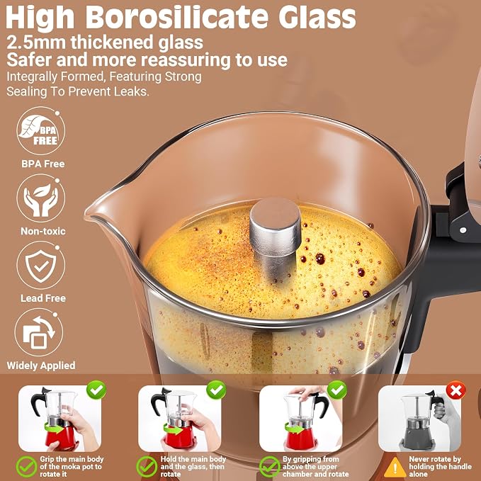 9 Cup 450ml Glass Moka Pot, Stovetop Espresso Maker, Red | Crystal Glass-top & Stainless Steel Coffee Maker, Induction Compatible, for Greca de Cafe, Cuban and Italian Coffee Brewing