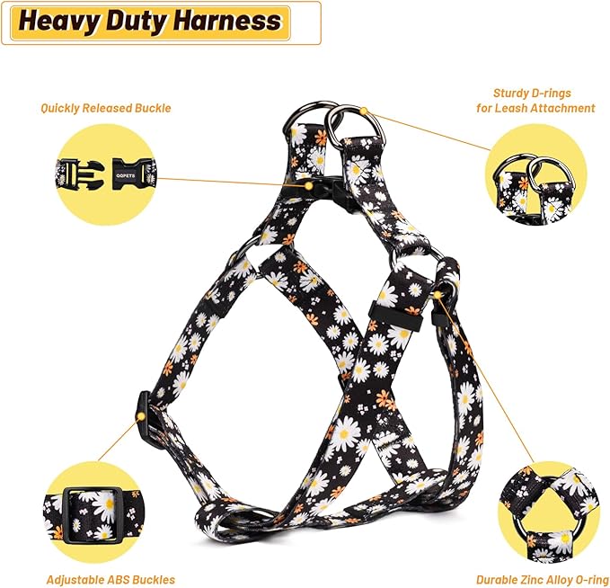 QQPETS Dog Harness Leash Set Adjustable Heavy Duty No Pull Halter Harnesses for Small Medium Large Breed Dogs Back Clip Anti-Twist Perfect for Walking (XS(12"-18" Chest Girth), White Daisy)