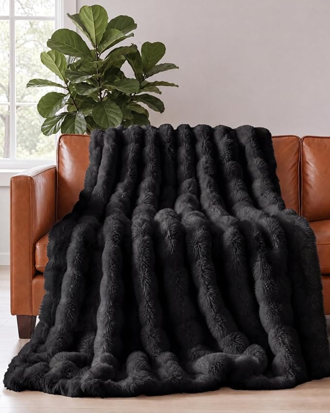 3D Fleece Bubble Blanket King Size - Rabbit Blanket - 90" x 108", Black | Soft Fluffy Faux Fur Blanket for Couch Sofa & Chair, Cozy Gifts for Women, Tie Dye Cloud Throw Bed Cover, Thick Plush Bedding