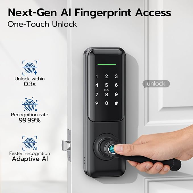 Nyboer Smart Keypad Door Lock with Handle for Front Door | 7 in 1 Keyless Entry with Fingerprint, Easy DIY Install, Remote & Voice Control, Auto-Lock, Ideal for Lockset Replacement