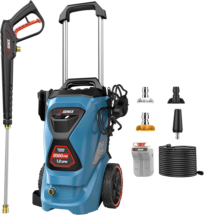 SENIX 2000 PSI Electric Pressure Washer, 1.2 GPM Compact Power Cleaner w/ 4 Nozzles, 25ft Hose & 35ft Cord. Portable High-Pressure Sprayer for Cars, Driveways, Patios, Decks & Home Outdoor Use