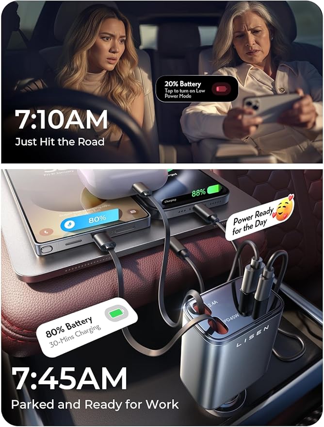 LISEN Retractable Car Charger, 84W Car Charger USB C Fast Charge, Multi Cigarette Lighter Adapter, 4 in 1 Car Accessories Birthday Gifts for Men Women Dad Mom Husband, for iPhone 17 16 15 14 13 12 X