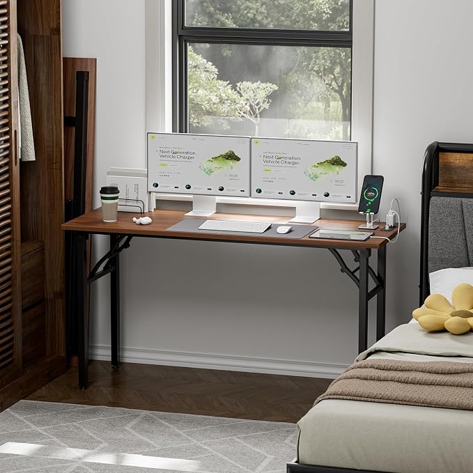 TEMI Long Computer Desk Folding Table - No Assembly, Compact 55.1" Foldable Desk with Power Outlets & USB Charging Port, Portable Lagre Office Desk, Ideal Large Study Table for Narrow Spaces, Walunt