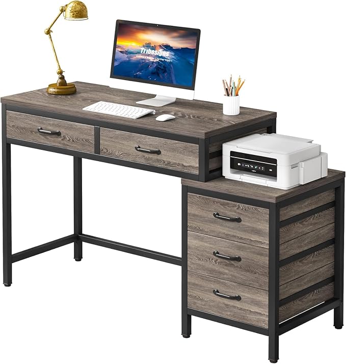 Tribesigns Computer Desk with 5 Drawers, Reversible Home Office Desks | Small Desk with Drawer Cabinet Printer Stand, PC Desk with Storage, Grey Study Writing Table Workstation for Small Spaces
