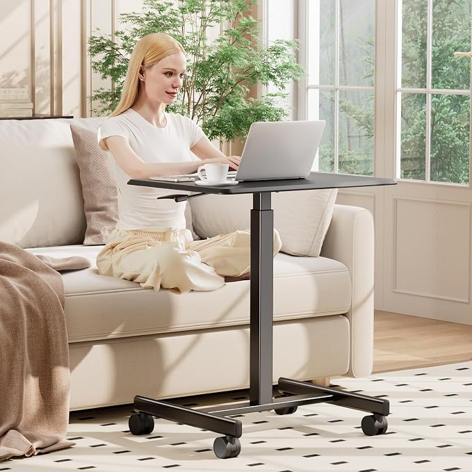 DUMOS Mobile Rolling Desk with Wheels Adjustable Height | Small Standing Desks Portable Laptop PC Table, Computer Workstation for Home Office Small Space, Modern Black