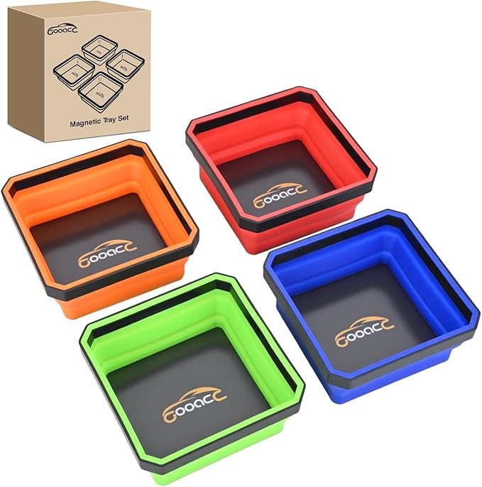 GOOACC 4 Pcs Square Collapsible Magnetic Parts Tray Set Multiple Colors Silicone Foldable Tool Trays Organizer for Screws Bolts Nuts Pins Washers and Other Small Metal Parts Double Sided Magnet Base