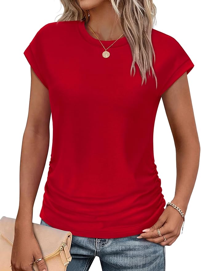 Sampeel Womens Summer Tops Trendy 2026 Ruched Cap Short Sleeve Tshirts Shirts Crew Neck T Shirts Fashion
