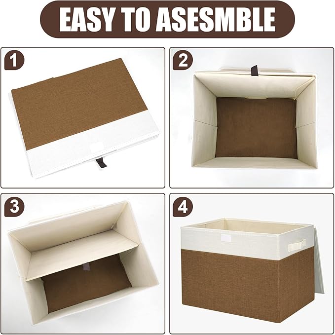 Large 17" 42 Quarts Collapsible Stackable Storage Bins with Lids [3-Pack] Foldable Fabric Linen Storage Boxes Cube, Closet Organizer Baskets with Label for Home (16.7 x 12 x 12", Brown & White)