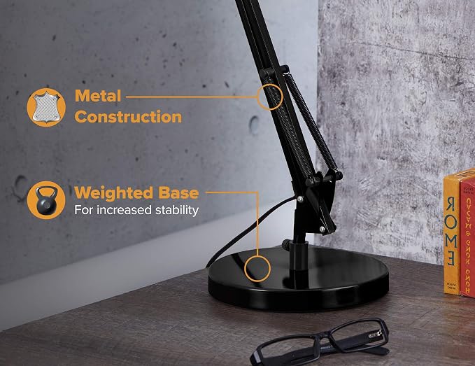 Bostitch Office VLF100D Swing Arm Desk Lamp, Metal, 36" Reach with Multi-Joint Adjustment, Includes Replaceable LED Bulb (VLF), Black
