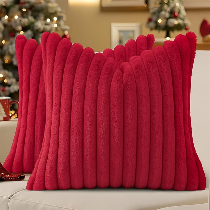 decorUhome Fall Faux Fur Throw Pillow Covers 26x26 Set of 2 Red | Decorative Soft Cozy Striped Plush Modern Farmhouse Boho Couch Pillow Cases Velvet Back for Sofa Bed Living Room Home Decor