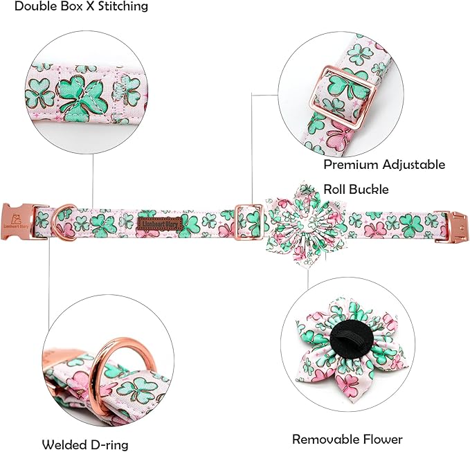 Lionheart glory St. Patrick's Day Dog Collar with Flower Dog Collars for Small Dogs, Heavy Duty Green Collars Lucky Clover Shamrock Dogs Collar Flower Puppy