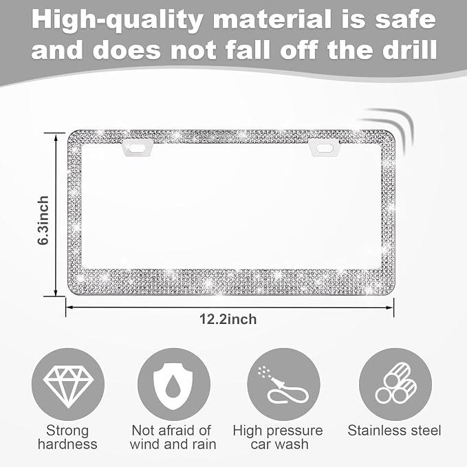 QUANQIUFEI 2 Pack Bling License Plate Frames for Women, Sparkly Rhinestone Diamond Car Accessories with Glitter Crystal Caps (Silver)