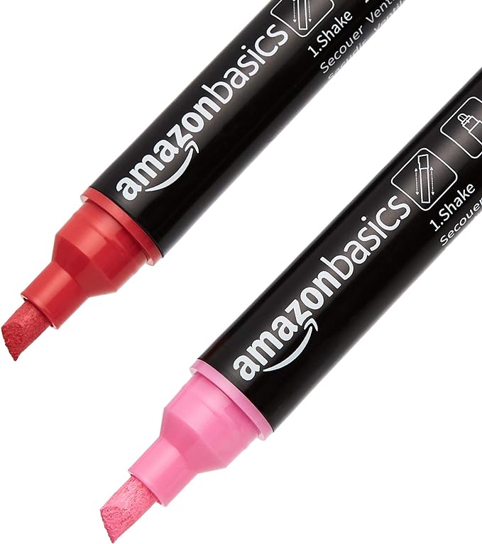 Amazon Basics Bullet/Chisel Reversible Tip Chalk Markers, Bold Point, 8-Pack, Bright Colors
